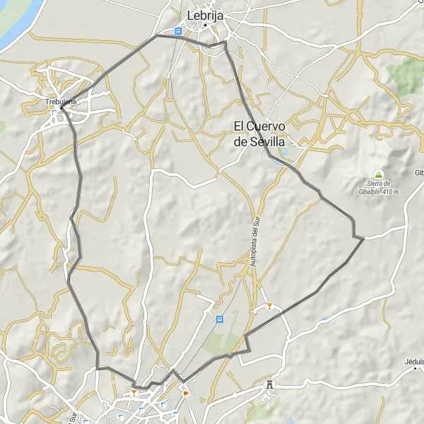 Miniaturní mapa "Road Route kolem Trebujeny" inspirace pro cyklisty v oblasti Andalucía, Spain. Vytvořeno pomocí plánovače tras Tarmacs.app