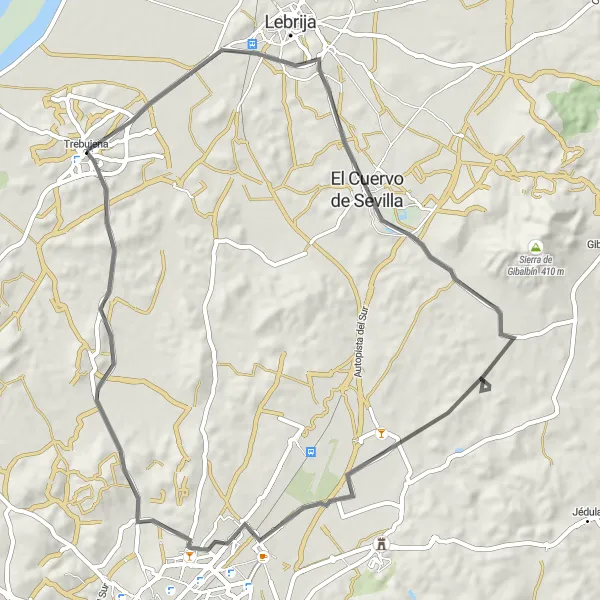 Miniatura della mappa di ispirazione al ciclismo "Giro in bicicletta di 69 km da Trebujena" nella regione di Andalucía, Spain. Generata da Tarmacs.app, pianificatore di rotte ciclistiche