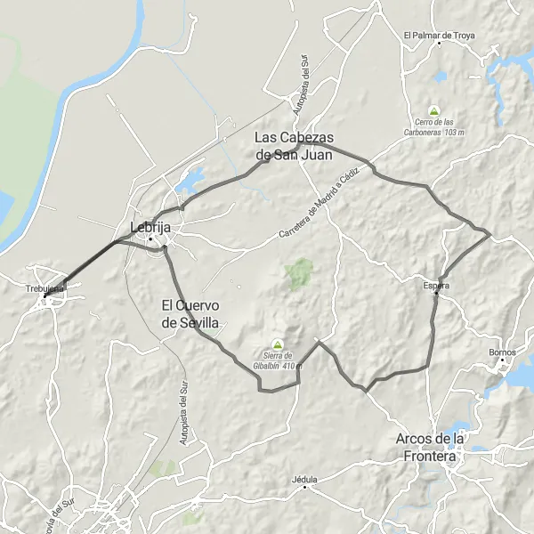 Miniaturní mapa "Road Route kolem Trebujeny" inspirace pro cyklisty v oblasti Andalucía, Spain. Vytvořeno pomocí plánovače tras Tarmacs.app