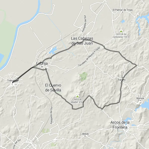 Miniatura della mappa di ispirazione al ciclismo "Cicloturismo di 106 km da Trebujena" nella regione di Andalucía, Spain. Generata da Tarmacs.app, pianificatore di rotte ciclistiche