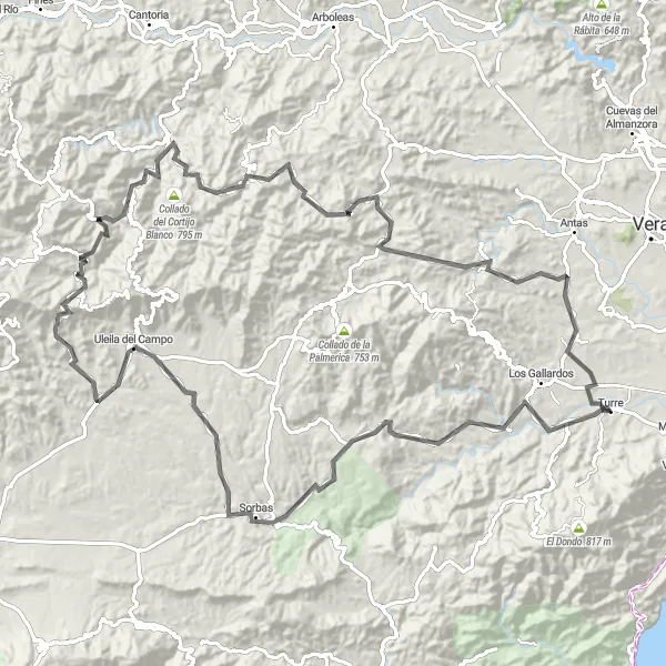 Miniatua del mapa de inspiración ciclista "Aventura en bicicleta de carretera desde Turre" en Andalucía, Spain. Generado por Tarmacs.app planificador de rutas ciclistas