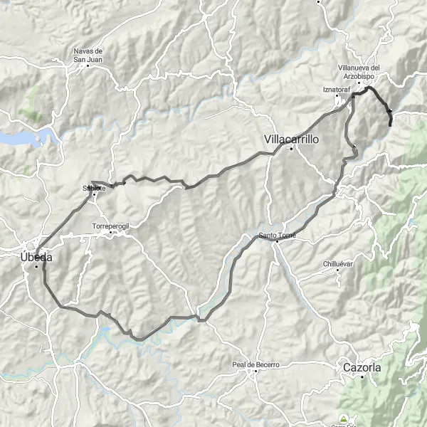 Karten-Miniaturansicht der Radinspiration "Eine anspruchsvolle Tour durch Úbeda und Umgebung" in Andalucía, Spain. Erstellt vom Tarmacs.app-Routenplaner für Radtouren