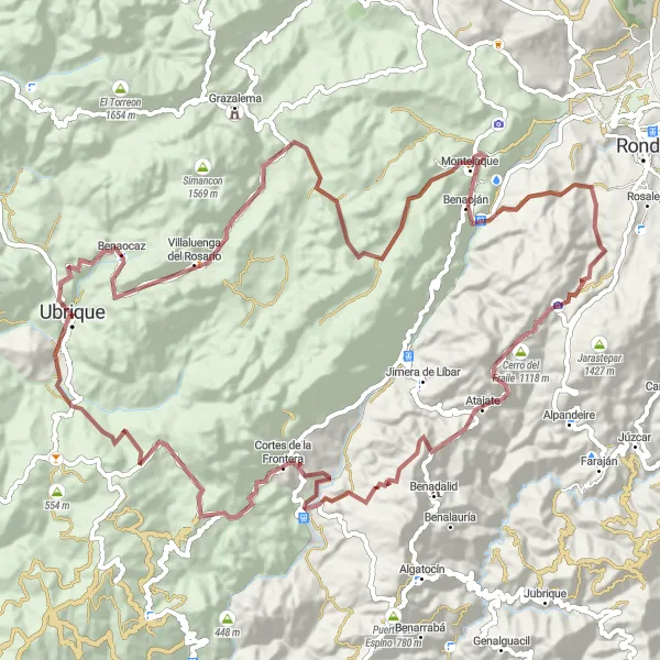 Miniaturekort af cykelinspirationen "Udforskning af det naturskønne Ubrique" i Andalucía, Spain. Genereret af Tarmacs.app cykelruteplanlægger