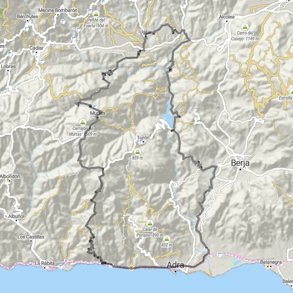 Miniatuurkaart van de fietsinspiratie "Ugíjar - Adra - Cerrajón de Murtas - Murtas" in Andalucía, Spain. Gemaakt door de Tarmacs.app fietsrouteplanner