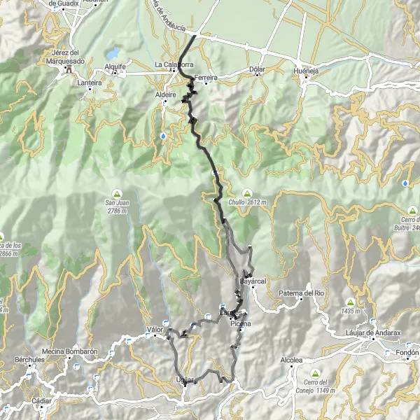 Miniaturekort af cykelinspirationen "Udforskning af Picena og La Calahorra" i Andalucía, Spain. Genereret af Tarmacs.app cykelruteplanlægger