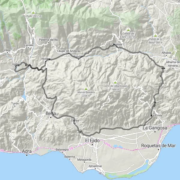 Miniatuurkaart van de fietsinspiratie "Ugíjar - Cerro del Conejo - Fondón - Cerro del Capitán - Canjáyar - Mirador del Cerro de la Cruz - Cerro Redondo - El Marchal de Antón López - Vícar - Berja - Ugíjar" in Andalucía, Spain. Gemaakt door de Tarmacs.app fietsrouteplanner