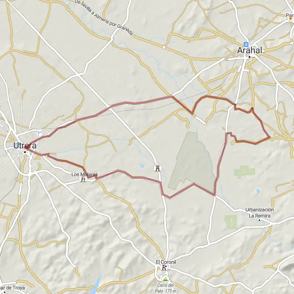 Miniatura della mappa di ispirazione al ciclismo "Escursione in bicicletta da Utrera a Los Molares" nella regione di Andalucía, Spain. Generata da Tarmacs.app, pianificatore di rotte ciclistiche