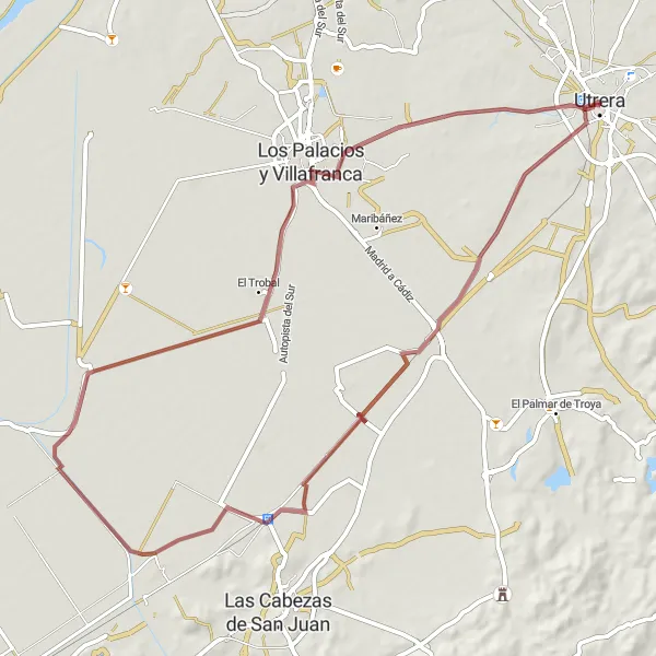 Miniatua del mapa de inspiración ciclista "Ruta de Marismillas y El Trobal desde Utrera" en Andalucía, Spain. Generado por Tarmacs.app planificador de rutas ciclistas