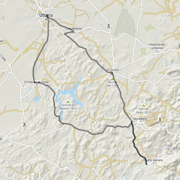 Miniatura della mappa di ispirazione al ciclismo "Periplo panoramico intorno a Utrera" nella regione di Andalucía, Spain. Generata da Tarmacs.app, pianificatore di rotte ciclistiche