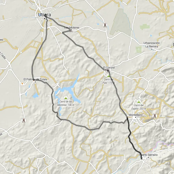 Map miniature of "The Palmar de Troya Tour" cycling inspiration in Andalucía, Spain. Generated by Tarmacs.app cycling route planner