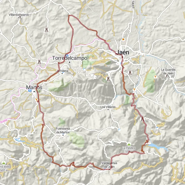 Miniatuurkaart van de fietsinspiratie "Graveltocht naar Jaén en Valdepeñas de Jaén" in Andalucía, Spain. Gemaakt door de Tarmacs.app fietsrouteplanner