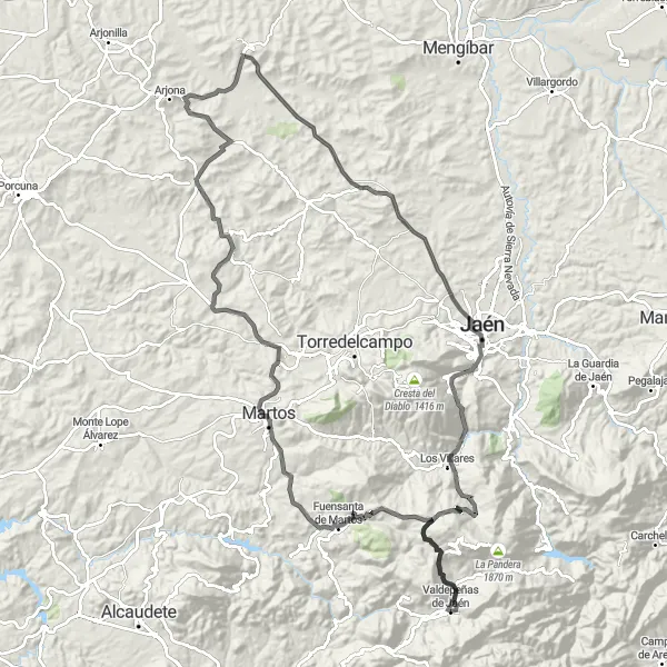 Miniatua del mapa de inspiración ciclista "Ruta por Valdepeñas de Jaén y los alrededores" en Andalucía, Spain. Generado por Tarmacs.app planificador de rutas ciclistas