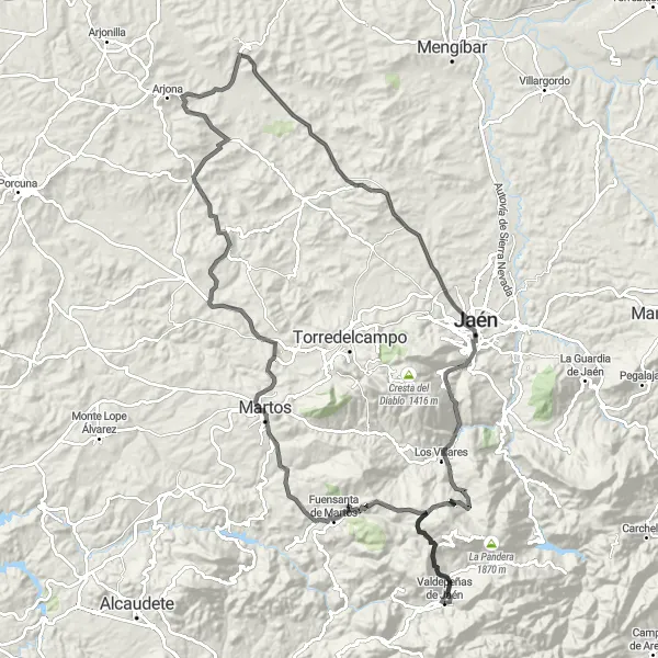 Miniatuurkaart van de fietsinspiratie "Historische toer naar Jaén en Valdepeñas de Jaén" in Andalucía, Spain. Gemaakt door de Tarmacs.app fietsrouteplanner