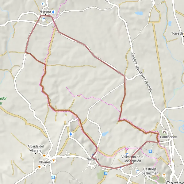 Miniatura della mappa di ispirazione al ciclismo "Percurso in mountain bike da Valencina de la Concepción a Gerena" nella regione di Andalucía, Spain. Generata da Tarmacs.app, pianificatore di rotte ciclistiche