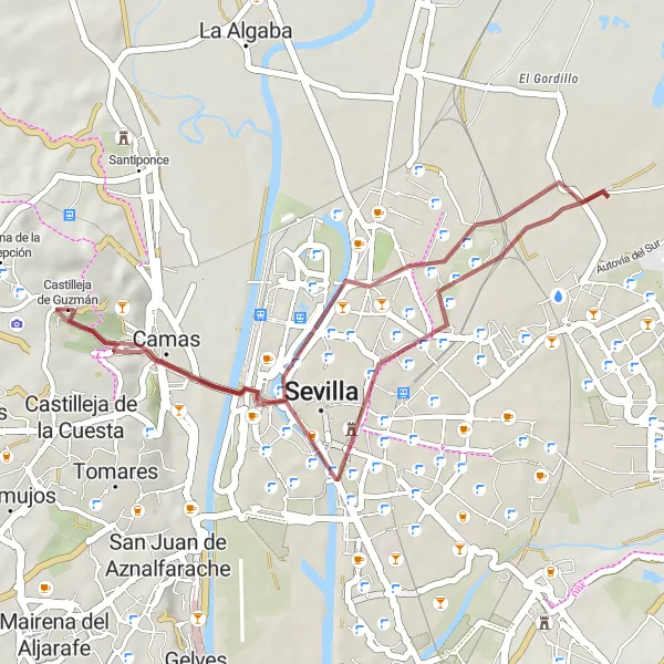 Miniatura della mappa di ispirazione al ciclismo "Giro in bici gravel da Camas a Torre de los Perdigones" nella regione di Andalucía, Spain. Generata da Tarmacs.app, pianificatore di rotte ciclistiche