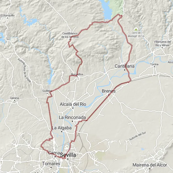 Miniatua del mapa de inspiración ciclista "Ruta en bicicleta de grava hacia la Sierra Norte" en Andalucía, Spain. Generado por Tarmacs.app planificador de rutas ciclistas