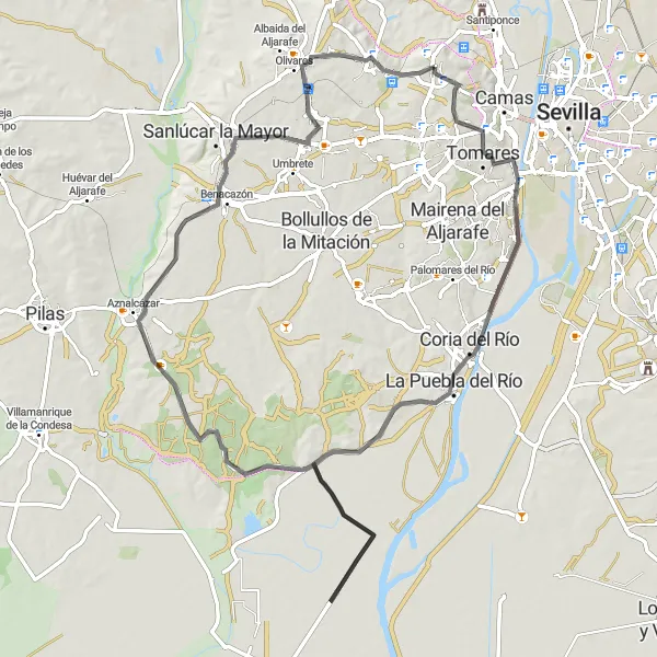 Miniatua del mapa de inspiración ciclista "Ruta en Bicicleta de Carretera - Valencina de la Concepción a Aznalcázar" en Andalucía, Spain. Generado por Tarmacs.app planificador de rutas ciclistas