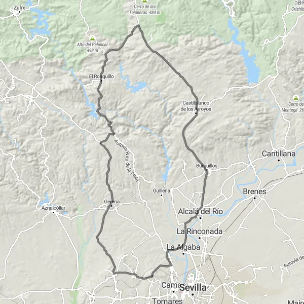 Miniature de la carte de l'inspiration cycliste "Les collines de la Sierra Morena" dans la Andalucía, Spain. Générée par le planificateur d'itinéraire cycliste Tarmacs.app