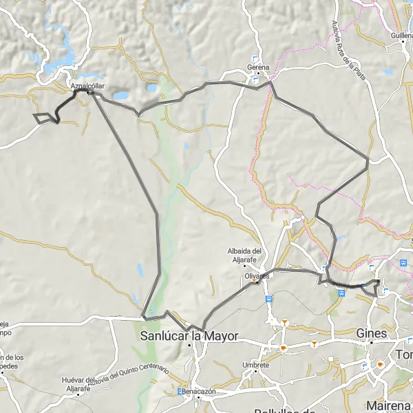 Miniatura della mappa di ispirazione al ciclismo "Circuito su strada da Valencina de la Concepción a Aznalcóllar" nella regione di Andalucía, Spain. Generata da Tarmacs.app, pianificatore di rotte ciclistiche