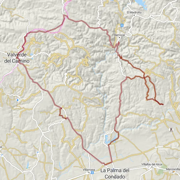 Miniatura della mappa di ispirazione al ciclismo "Scoperta in Bici di 112 km Vicino a Valverde del Camino" nella regione di Andalucía, Spain. Generata da Tarmacs.app, pianificatore di rotte ciclistiche
