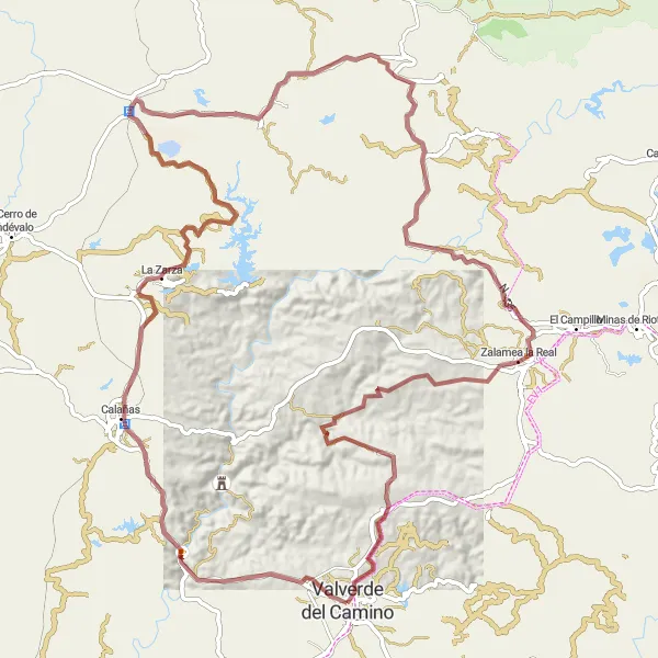 Map miniature of "Exploring Zalamea la Real" cycling inspiration in Andalucía, Spain. Generated by Tarmacs.app cycling route planner