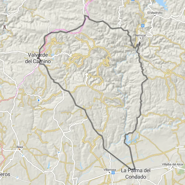 Map miniature of "Valverde del Camino Highlights" cycling inspiration in Andalucía, Spain. Generated by Tarmacs.app cycling route planner