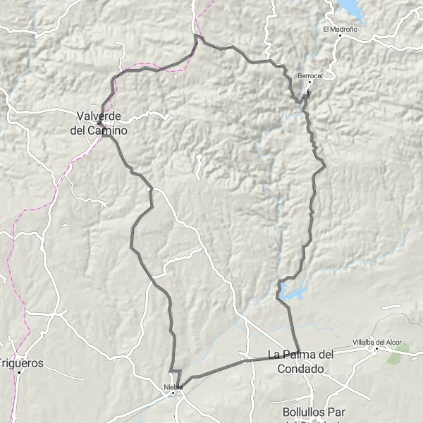 Miniatua del mapa de inspiración ciclista "Recorrido de 99 km en bicicleta desde Valverde del Camino" en Andalucía, Spain. Generado por Tarmacs.app planificador de rutas ciclistas