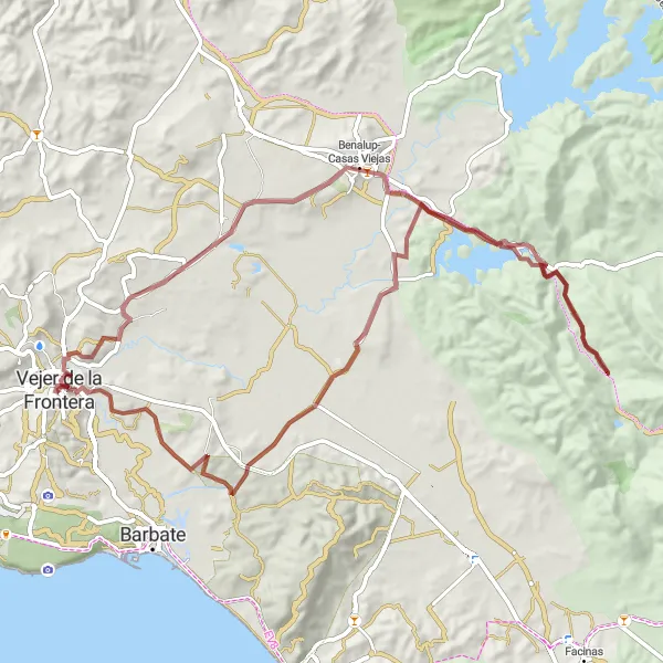 Miniatura della mappa di ispirazione al ciclismo "Ciclovia Gravel di Vejer de la Frontera" nella regione di Andalucía, Spain. Generata da Tarmacs.app, pianificatore di rotte ciclistiche