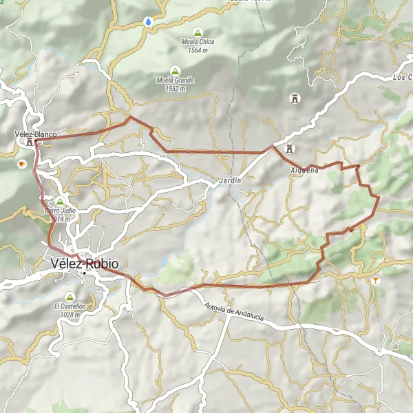 Miniatuurkaart van de fietsinspiratie "Gravelroute naar Vélez-Rubio" in Andalucía, Spain. Gemaakt door de Tarmacs.app fietsrouteplanner