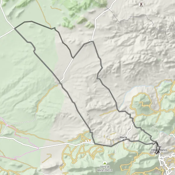 Miniatura della mappa di ispirazione al ciclismo "Giro in bicicletta da Vélez-Blanco a María e ritorno" nella regione di Andalucía, Spain. Generata da Tarmacs.app, pianificatore di rotte ciclistiche