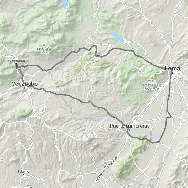 Miniatura della mappa di ispirazione al ciclismo "Tour in bicicletta verso Puerto Lumbreras" nella regione di Andalucía, Spain. Generata da Tarmacs.app, pianificatore di rotte ciclistiche