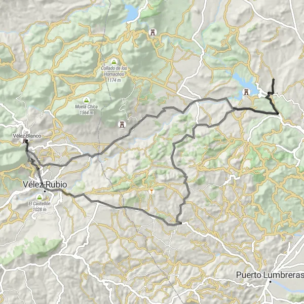 Miniatura della mappa di ispirazione al ciclismo "Tour in bici verso il Pantano de Puentes e Iglesia de la Magdalena" nella regione di Andalucía, Spain. Generata da Tarmacs.app, pianificatore di rotte ciclistiche