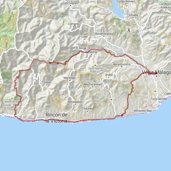 Map miniature of "Gravel Adventure to Mirador de Benamocarra" cycling inspiration in Andalucía, Spain. Generated by Tarmacs.app cycling route planner