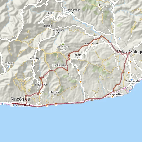 Miniatuurkaart van de fietsinspiratie "Avontuurlijke grindweg van Vélez-Málaga" in Andalucía, Spain. Gemaakt door de Tarmacs.app fietsrouteplanner