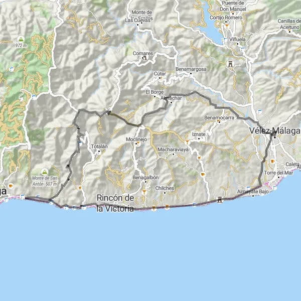 Karten-Miniaturansicht der Radinspiration "Bergpanorama nach Balneario Baños del Carmen" in Andalucía, Spain. Erstellt vom Tarmacs.app-Routenplaner für Radtouren