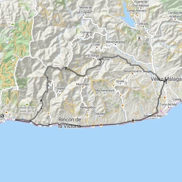 Map miniature of "Road Cycling: Vélez-Málaga Challenge" cycling inspiration in Andalucía, Spain. Generated by Tarmacs.app cycling route planner