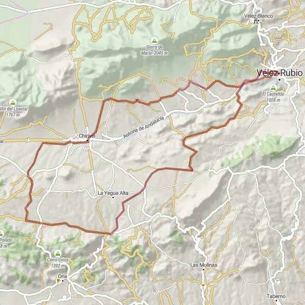 Miniatua del mapa de inspiración ciclista "Ruta del Cerro de las Ánimas y Vélez-Rubio en gravilla" en Andalucía, Spain. Generado por Tarmacs.app planificador de rutas ciclistas
