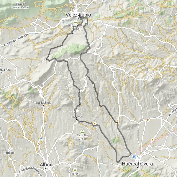 Miniatua del mapa de inspiración ciclista "Ruta del Cerro de la Virgen y Vélez-Rubio en carretera" en Andalucía, Spain. Generado por Tarmacs.app planificador de rutas ciclistas