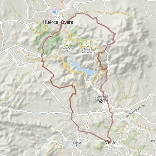 Miniatura della mappa di ispirazione al ciclismo "Gravel Route da Vera a Cuevas del Almanzora" nella regione di Andalucía, Spain. Generata da Tarmacs.app, pianificatore di rotte ciclistiche