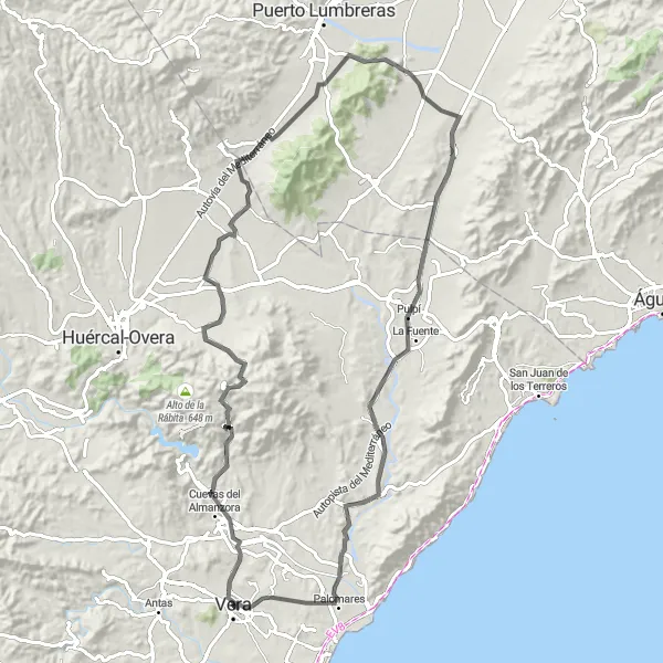 Miniature de la carte de l'inspiration cycliste "Circuit entre Cuevas del Almanzora et Las Herrerías" dans la Andalucía, Spain. Générée par le planificateur d'itinéraire cycliste Tarmacs.app