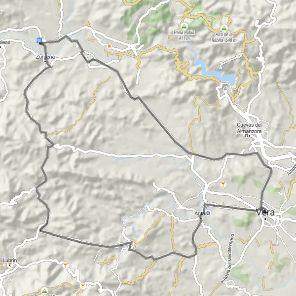 Miniatura della mappa di ispirazione al ciclismo "Avventura in bicicletta tra Antas e Vera" nella regione di Andalucía, Spain. Generata da Tarmacs.app, pianificatore di rotte ciclistiche