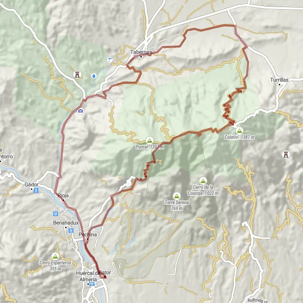 Miniature de la carte de l'inspiration cycliste "Tour Gravel à travers Pechina et Cerro Espinaza" dans la Andalucía, Spain. Générée par le planificateur d'itinéraire cycliste Tarmacs.app