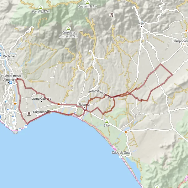 Miniatuurkaart van de fietsinspiratie "Scenic Graveltocht naar Cerro del Águila" in Andalucía, Spain. Gemaakt door de Tarmacs.app fietsrouteplanner