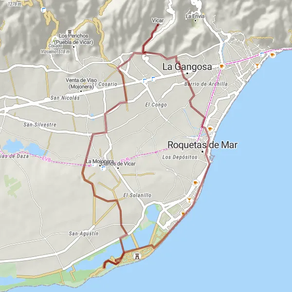 Miniatua del mapa de inspiración ciclista "Ruta tranquila de grava desde Vícar" en Andalucía, Spain. Generado por Tarmacs.app planificador de rutas ciclistas