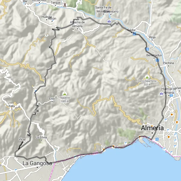 Miniatua del mapa de inspiración ciclista "Ruta desafiante de carretera a través de Vícar" en Andalucía, Spain. Generado por Tarmacs.app planificador de rutas ciclistas