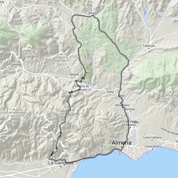 Miniatua del mapa de inspiración ciclista "Ruta pintoresca: El Marchal de Antón López a El Parador de las Hortichuelas" en Andalucía, Spain. Generado por Tarmacs.app planificador de rutas ciclistas