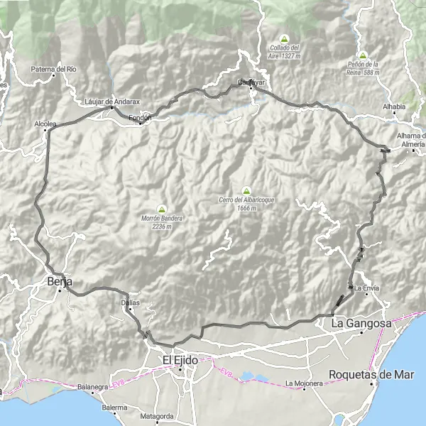 Miniatua del mapa de inspiración ciclista "Gran reto ciclista de carretera desde Vícar" en Andalucía, Spain. Generado por Tarmacs.app planificador de rutas ciclistas