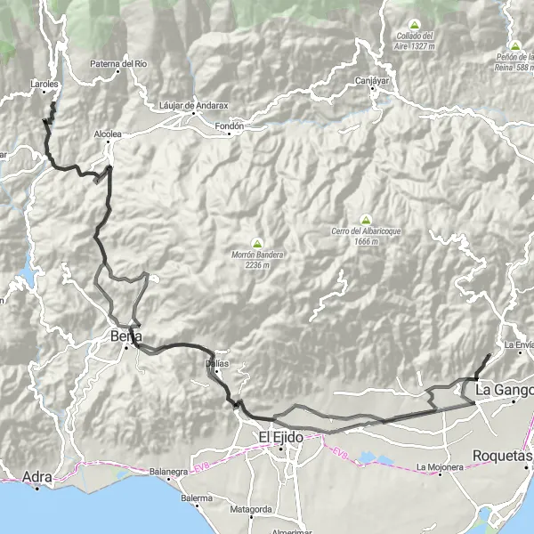 Miniatua del mapa de inspiración ciclista "Recorrido escénico: Dalías a Alcaudique" en Andalucía, Spain. Generado por Tarmacs.app planificador de rutas ciclistas
