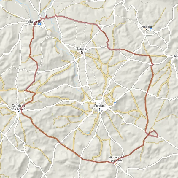 Miniatua del mapa de inspiración ciclista "Ruta de Grava de Villa del Río" en Andalucía, Spain. Generado por Tarmacs.app planificador de rutas ciclistas
