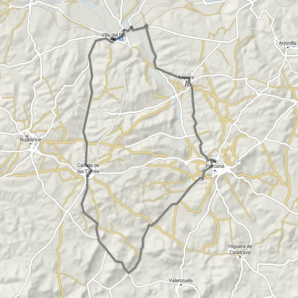 Miniature de la carte de l'inspiration cycliste "La Route des Châteaux et Cités Médiévales" dans la Andalucía, Spain. Générée par le planificateur d'itinéraire cycliste Tarmacs.app